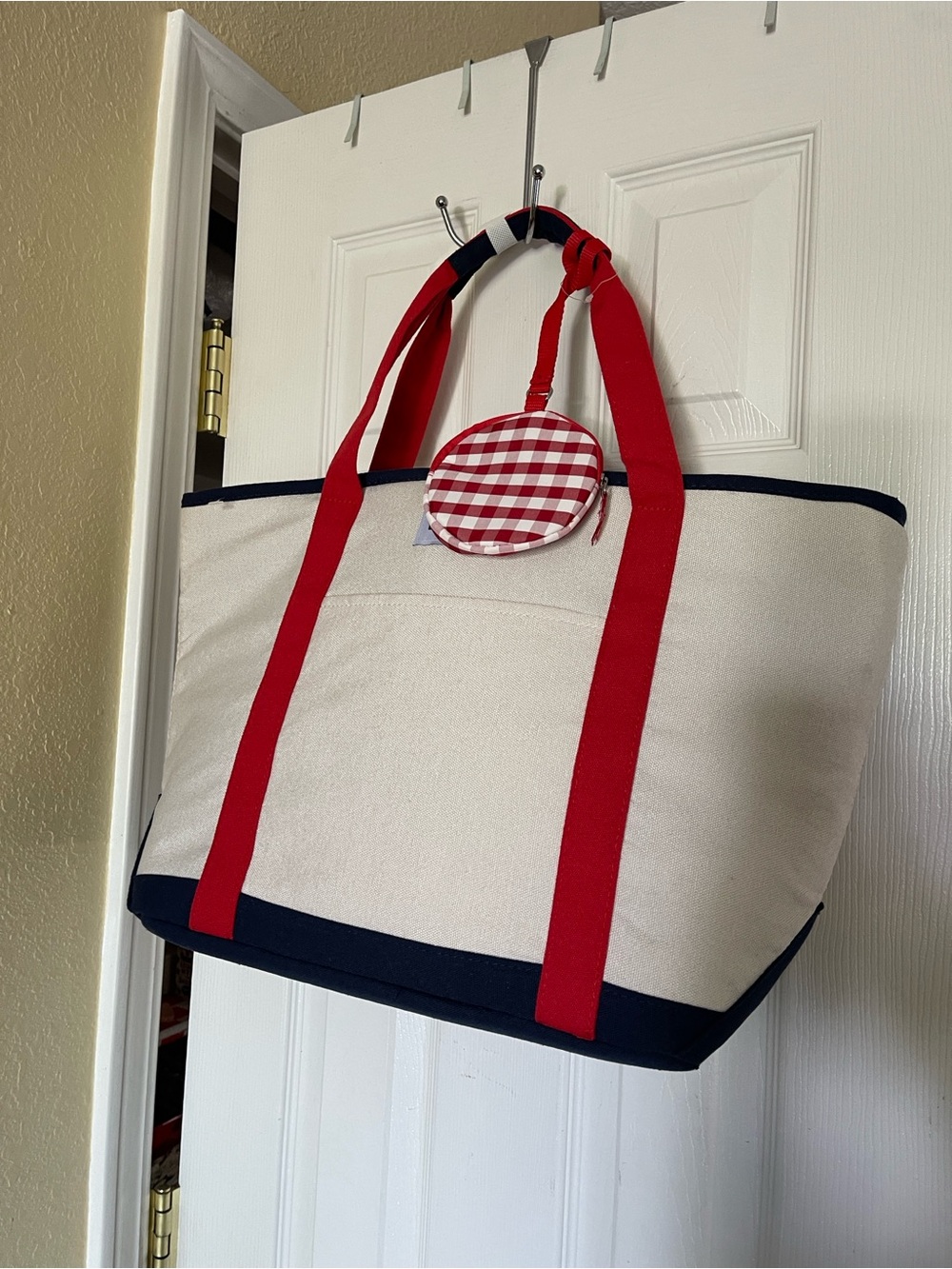 DSW Canvas Tote with Red Straps and Navy Trim